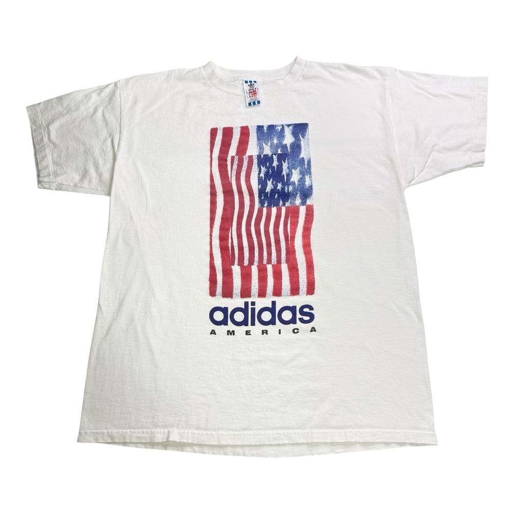 Vintage 90s Adidas America USA Flag T-Shirt Men's Large Made in USA Trefoil